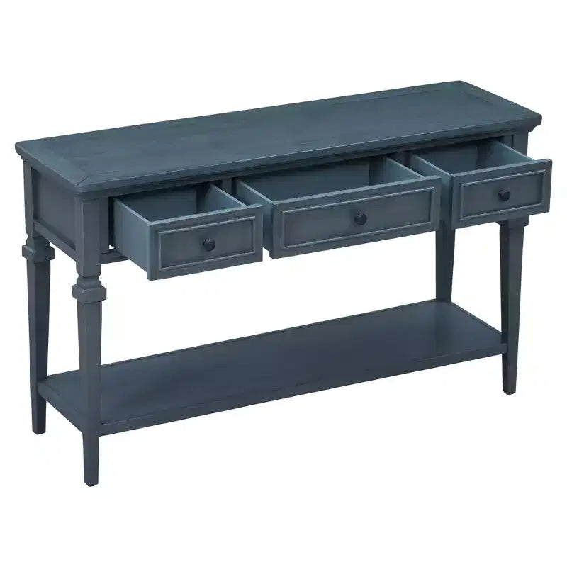 Console vintage avec rangement, Table d'entrée étroite avec tiroirs, Console de couloir de style campagnard avec étagère ouverte