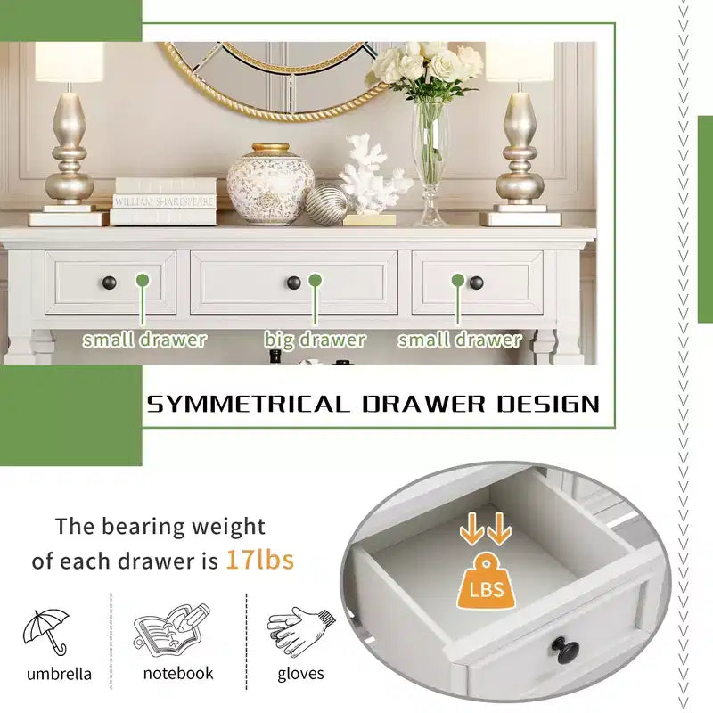 Console vintage avec rangement, Table d'entrée étroite avec tiroirs, Console de couloir de style campagnard avec étagère ouverte