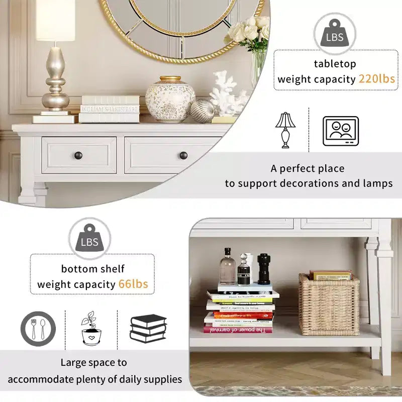 Console vintage avec rangement, Table d'entrée étroite avec tiroirs, Console de couloir de style campagnard avec étagère ouverte